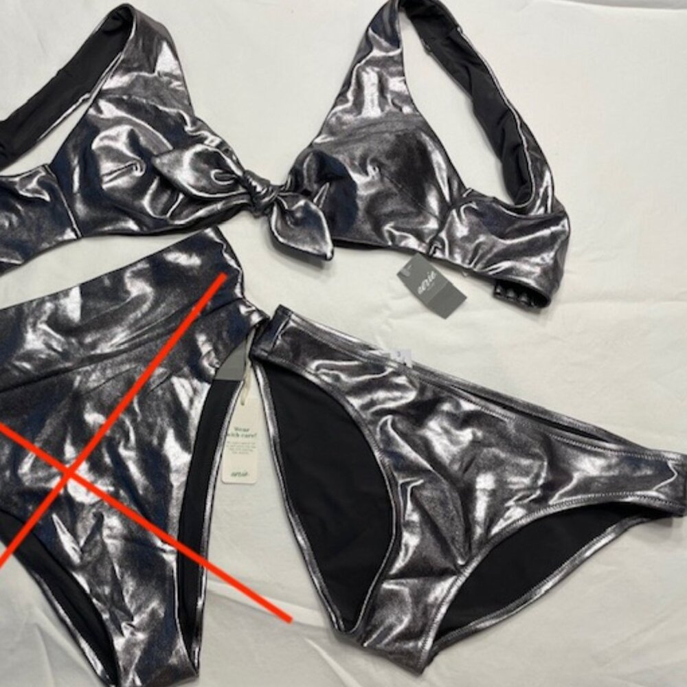 Aerie Shine Metallic Tie Front Bikini 2-piece Set Foil Silver NWT